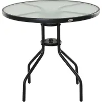 SUCCESS COURIER Table de jardin Outsunny Ø 80 cm, résistante aux intempéries, table de balcon ronde, table de bistrot en métal et verre trempé, table de terrasse avec trou pour parasol, noire