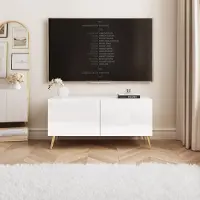 Idohome TV Lowboard Angel 100 cm blanc brillant - armoire avec éclairage LED, armoire TV sur pieds métalliques dorés, meuble média, Push to Open