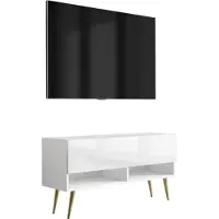 3Xeliving Meuble TV bas, 100 cm, blanc mat / blanc brillant, pieds inclinés dorés