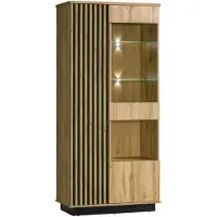 Bettso VITRINE Lamelo 90 cm avec éclairage LED, vitrine en verre, meuble d'exposition, armoire avec portes pivotantes et étagères en verre, chêne Wotan, noir mat, design moderne