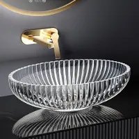 Emke Lavabo ovale en verre à poser - Lavabo en verre transparent 51 x 35 x 15 cm Design de haute qualité pour salle de bains & WC d'invités Cuvette