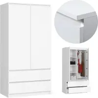 BDW Armoire 2 portes 2 tiroirs, miroir, blanc, 180x90x51
