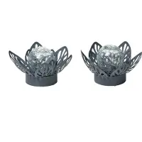 Northpoint 2x Lotus décoratif Nénuphar à piles avec minuterie en métal avec boule de verre lumière blanche chaude - aspect verre brisé (D x H) 16,5 x 8 cm Gris Petit avec motif estampé