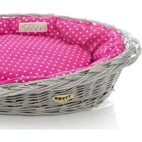 DOTTY Panier en osier gris peint à la main avec lit pour chien en coton - Rose à pois blancs Polka Dots - Lavable & Doux -