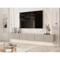 Idohome Meuble TV bas Angel 300 cm cachemire mat - Meuble TV, meuble suspendu, LED, Push-to-Open, meuble TV, façade rainurée, meuble multimédia, salon