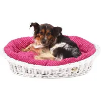 DOTTY Panier en osier blanchi pour chiens Panier Viking avec lit pour chien en coton - Rose à pois blancs Polka Dots -
