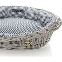 DOTTY Panier en osier gris peint à la main avec lit pour chien en coton - Bleu marine avec carreaux - Lavable & Doux -