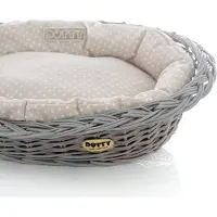 DOTTY Panier en osier gris peint à la main avec lit pour chien en coton - Beige à pois blancs Polka Dots - Lavable & Doux -