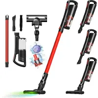 TurboTronic aspirateur sans fil - TT-LV8 - aspirateur 2en1 balai et à main, 120 W, 11 kPa, Laser LED, 3 niveaux, autonomie 40 min, sans sac, pour parquet et poils d’animaux Rouge