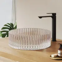 Emke Vasque à poser ronde 400x400x120mm en verre trempé cristal arc-en-ciel électrodéposé, sans trou pour robinet & sans trop-plein, Design moderne