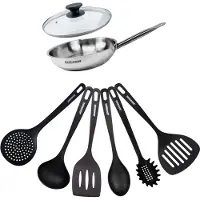 Fackelmann Set de 1 poêle de 20 cm en inox 1 couvercle en verre et 6 ustensiles Eterna