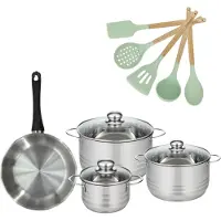 Fackelmann Batterie de cuisine avec 3 faitouts 16/20/24 cm et 1 poêle 24 cm avec 5 ustensiles de cuisine Généva Brillant Ocean