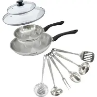 Fackelmann Set 2 poêles 20 et 28 cm en inox, couvercle verre et 6 ustensiles inox Geneva