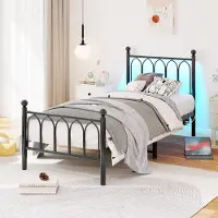 Flieks Lit d'adolescent Lit métallique 90x200cm avec Led, lit simple Lit d'enfant avec USB et prise électrique, Lit classique avec sommier à lattes, Noir
