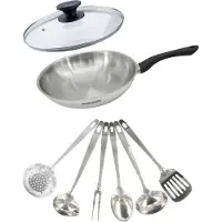 Fackelmann Set poêle 28 cm en inox, couvercle verre et 6 ustensiles inox Geneva