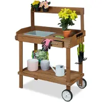 Relaxdays Table de jardinage avec roulettes, bac et tiroir, en bois et plastique, dimensions : 120 x 97 x 49 cm, table de travail de jardin, marron