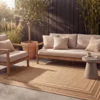 FRAAI Tapis d'extérieur en jute | Mavi Border Crème/Marron | 80x150cm | Crème | Rectangulaire | Tapis d'extérieur