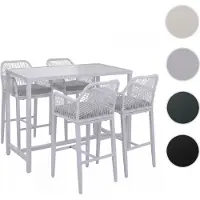Mendler Ensemble table de bar + 4 tabourets de bar HWC-P91, chaise de bar, table haute, coussin d'assise d'extérieur, tressage en corde, métal gris clair