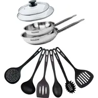 Fackelmann Set de 2 poêles de 20 et 24 cm en inox, 2 couvercles en verre et 6 ustensiles Eterna
