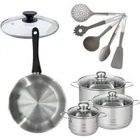 Fackelmann Batterie de cuisine avec 3 faitouts 16/20/24 cm et 1 poêle 28 cm sans PFAS et 6 ustensiles de cuisine Généva Brillant Vario avec couvercles
