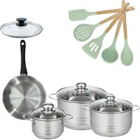 Fackelmann Batterie de cuisine avec 3 faitouts 16/20/24 cm et 1 poêle 20 cm avec 6 ustensiles de cuisine Généva Brillant Ocean avec couvercles