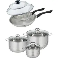 Fackelmann Batterie de cuisine avec 2 poêles 20/28 cm et 3 faitouts 16/20/24 cm sans PFAS Généva Brillant avec couvercles