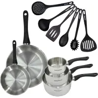 Fackelmann Set 2 poêles 20 et 28 cm 3 casseroles 12 16 et 20 cm en inox et 6 ustensiles Geneva