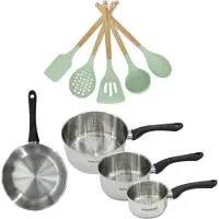 Fackelmann Batterie de cuisine avec 3 casseroles 12/16/20 cm et 1 poêle 20 cm avec 5 ustensiles de cuisine sans PFAS Généva Océan