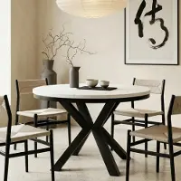 Dekori.Interiors Table ronde à rallonge pour salle à manger RAL avec piétement en anneau, style loft, industriel, diamètre : 100 / 200 cm, couleur : blanc / noir