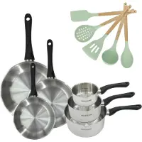 Fackelmann Batterie de cuisine avec 3 casseroles 12/16/20 cm et 3 poêles 20/24/28 cm avec 5 ustensiles de cuisine sans PFAS Généva Océan