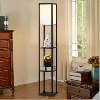 Puluomis Lampadaire 3 niveaux Lampadaire lampe de sol, E27 éclairage intérieur pour chambre à coucher salon bois étagère noir 160cm