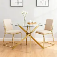 SUCCESS COURIER Table à manger ronde avec plateau en verre trempé et pieds dorés, table basse, table à manger moderne et minimaliste, 80 × 80 × 76 cm