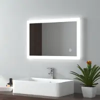Emke Miroir de salle de bain LED avec éclairage blanc froid 60x40cm, Miroir de salle de bain avec interrupteur tactile + antibuée - Econome en énergie (IP44)