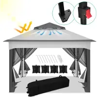 HENGDA Tente pliante Pavillon Pop-up 3,3 x 3,3 x 2,7 m, avec parasol, moustiquaire, sac de transport, sacs de sable, protection UV et double toit avec ouverture d'aération, gris