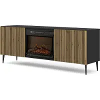 Homlando Meuble TV RAVENNA 2D 170 cm avec cheminée NOIR MAT / CHÊNE ARTISAN sur pieds noirs
