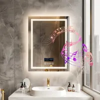 VRYGLE Miroir de salle de bain LED avec haut-parleur Bluetooth 90 x 70 cm : avec éclairage, horloge, station météo, 4 interrupteurs tactiles, prise de courant, intensité réglable, anti-buée