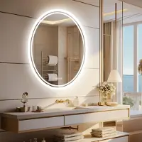 VRYGLE miroir de salle de bain LED ovale 50×70 cm, éclairage rétroéclairé, dimmable, 3 couleurs de lumière, anti-buée, IP65