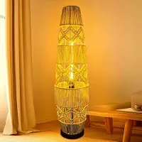 VRYGLE WISFOR Lampadaire Lampadaire Vintage Rotin Boho Lampadaire Interrupteur à pied 3 couleurs de lumière Lampadaire 2700k/4500k/6500k 1400lm 35m