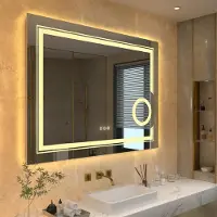 VRYGLE Miroir salle de bain LED 60×80 cm avec miroir grossissant 3×, tactile, anti-buée, dimmable 3500K–6500K, miroir mural