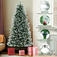 HOMDOX sapin de Noël artificiel de 183cm avec éclairage et neige blanche, sapin LED pour décoration de Noël avec de vraies pommes de pin, résistant au feu