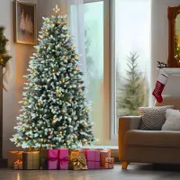 HOMDOX sapin de Noël artificiel de 183cm avec éclairage et neige blanche, sapin LED pour décoration de Noël avec de vraies pommes de pin, résistant au feu