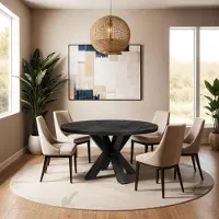 Zita Home Table de salle à manger, ronde, 180 cm, bois de manguier, noir, piétement épais, scandinave, design moderne