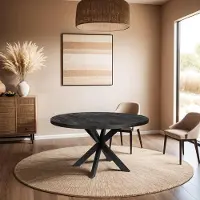 Zita Home Table de salle à manger 120cm ronde en véritable bois massif noir avec structure métallique