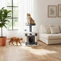 Belviona Arbre à chat 65 cm, arbre à chat compact avec grotte, surface de repos & troncs en sisal, aire de jeu & de repos stable, gris/blanc