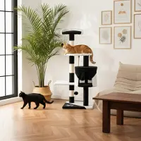 Belviona Arbre à chat, compact 112 cm avec balles de jeu, sisal & grotte de câlins, noir/blanc