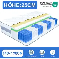 HOMAVO Matelas 140x190 25 cm Topper intégré Matelas 7 zones à ressorts ensachés H3/H4