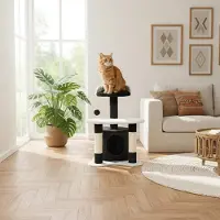 Belviona Arbre à chat 65 cm, arbre à chat compact avec grotte, surface de repos & troncs en sisal, aire de jeu & de repos stable, noir/blanc