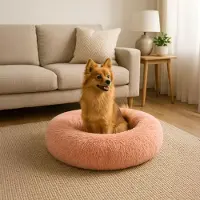 Belviona Lit pour chien Donut, lit douillet en peluche avec rembourrage doux, maintien sûr & bord ergonomique, 60 cm de diamètre, vieux rose