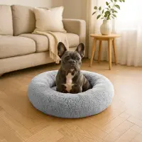 Belviona Lit pour chien Donut, lit douillet en peluche avec rembourrage moelleux, maintien sûr & bord ergonomique, 70 cm de diamètre, gris clair