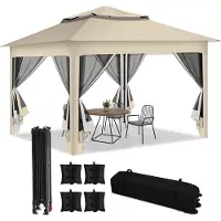 TolleTour Tente 3,3 x 3,3 x 2,7 m, tente pliante, tente de jardin avec 4 parois latérales en gaze, protection UV 50+, double toit, beige